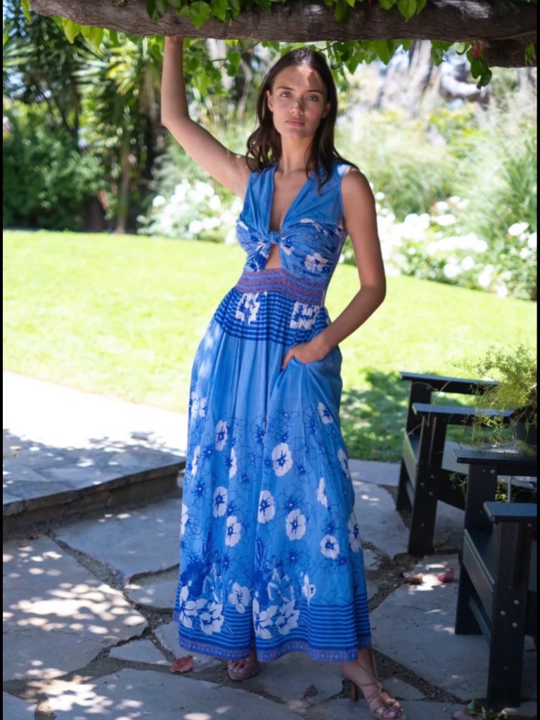 Alicia Bell Willow Silk Blend Sleeveless Maxi Dress Blue White Floral Sz Xl